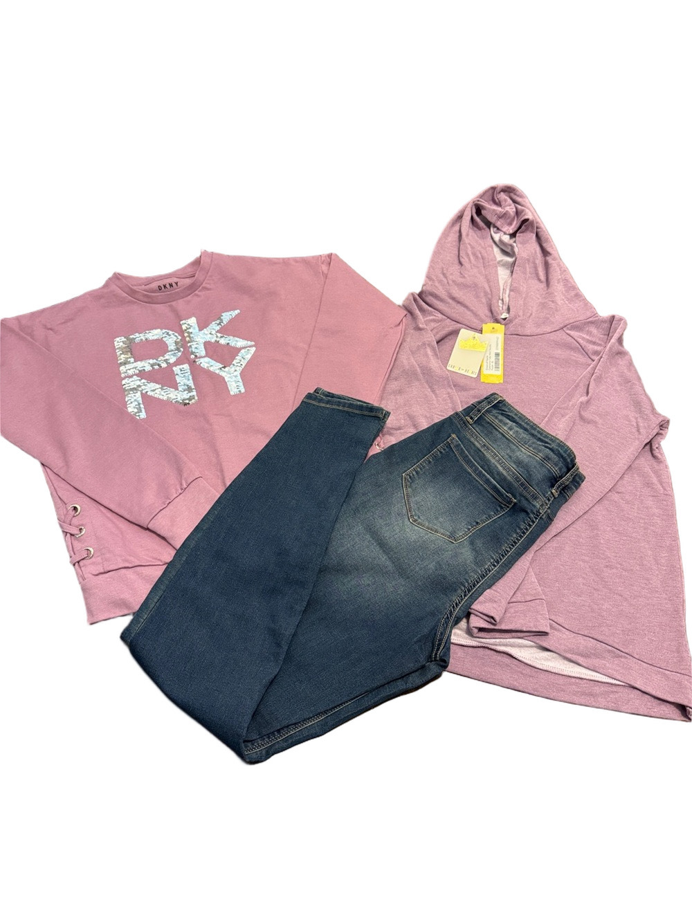 **Bundle**DKNY Girls' Lavender/Mauve Hooded Sweatshirt & Pullover with Jeans NWT